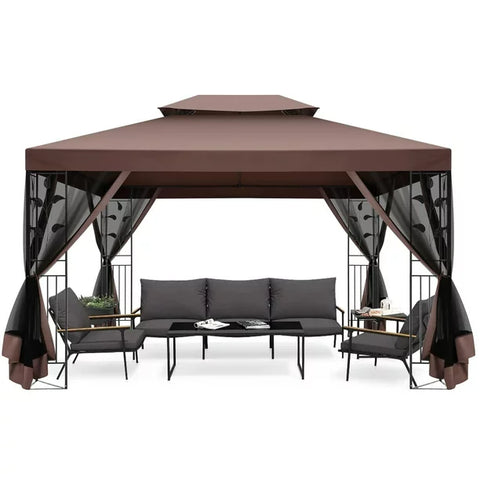 COBIZI 10' x 13' Pop Up Gazebo, Outdoor Steel Double Roof Canopy, Metal Frame Pavilion with Mosquito Netting, Sunshade for Backyard, Garden, Patio and Lawns, Khaki