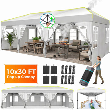 COBIZI 10x30 Pop Up Canopy Tent with 8 Sidewalls, One-Push Center Lock, UPF 50+ Waterproof Outdoor Gazebo, Easy Up Party Tent with Roller Bag, Air Vent & Sandbags, White