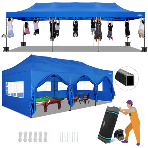 COBIZI 10'x30' Pop-Up-Überdachung, Partyzelt, Outdoor-Event-Sofortpavillon, wasserdichtes, kommerzielles, robustes Vordach für Veranstaltungen mit 8 Seitenwänden und 4 Sandsäcken, Tragetasche mit Rollen, Blau 