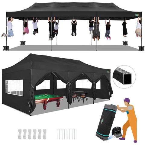 COBIZI 10'x30' Pop-Up-Überdachung, Partyzelt, Outdoor-Event-Sofortpavillon, wasserdichtes, kommerzielles, robustes Vordach für Veranstaltungen mit 8 Seitenwänden und 4 Sandsäcken, Tragetasche mit Rollen, Blau 