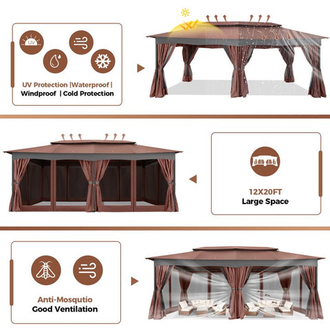 COBIZI 12x20 Heavy Duty Canopy Gazebo Outdoor Gazebo with 6 Netting and Curtains 100% Waterproof Party Wedding Tents with Double Roof and Metal Steel Frame for Backyard, Patio, Lawn, Garden, Brown