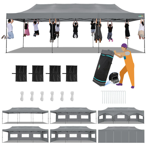 COBIZI 10'x30' Pop-Up-Überdachung, Partyzelt, Outdoor-Event-Sofortpavillon, wasserdichtes, kommerzielles, robustes Vordach für Veranstaltungen mit 8 Seitenwänden und 4 Sandsäcken, Tragetasche mit Rollen, Blau 