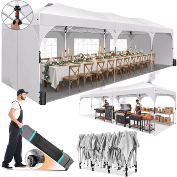 COBIZI 10x30 Pop Up Canopy Tent with Sidewalls, Easy Setup Party Gazebo with Air Vents, UPF 50+ Waterproof Outdoor Sun Shelter for Events, Commercial Markets, Parties, White