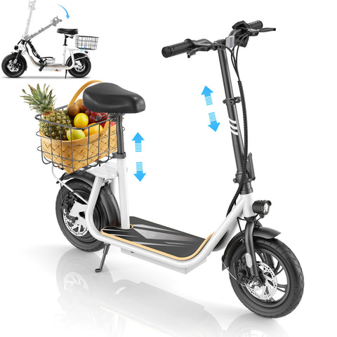 Electric Scooters with Seat for Adults, 350W(Peak 560W) Motor, 12 Miles Long Range, 20 MPH Top Speed, Foldable E Bike for Commuting with Basket,Yellow