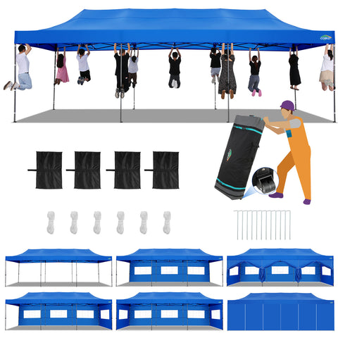 COBIZI 10'x30' Pop-Up-Überdachung, Partyzelt, Outdoor-Event-Sofortpavillon, wasserdichtes, kommerzielles, robustes Vordach für Veranstaltungen mit 8 Seitenwänden und 4 Sandsäcken, Tragetasche mit Rollen, Blau 