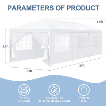 COBIZI 10 x 30 Party Tent with 8 Sidewalls Outdoor Canopy Tent for party Patio Camping Gazebo Shelter for Weddings Waterproof Heavy Duty Event Carpa All Season, White