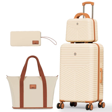COBIZI Luggage Sets 4 Piece with 360° Spinner Wheels, Carry on Luggage with TSA Lock, Luitcases Hardshell ABS+PC, Suitcase Set for Travel, Beige(13/20+Travel Bag + Toiletry Bag)