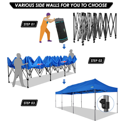 COBIZI 10'x30' Pop-Up-Überdachung, Partyzelt, Outdoor-Event-Sofortpavillon, wasserdichtes, kommerzielles, robustes Vordach für Veranstaltungen mit 8 Seitenwänden und 4 Sandsäcken, Tragetasche mit Rollen, Blau 