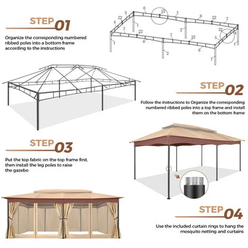 COBIZI 12x20 Heavy Duty Canopy Gazebo Outdoor Gazebo with 6 Netting and Curtains 100% Waterproof Party Wedding Tents with Double Roof and Metal Steel Frame for Backyard, Patio, Lawn, Garden, Khaki