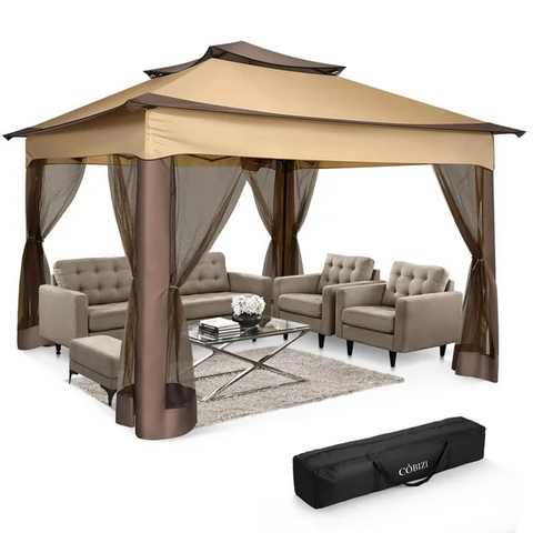 COBIZI Pop-up Gazebo 12x12 Outdoor Gazebo Canopy with Mosquito Netting Patio Tent Backyard Canopy with 2-Tiered Vented Top 3 Adjustable Height and 144 Square Ft of Shade, Beige