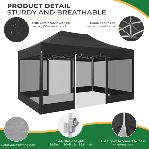 COBIZI Canopy Tent 10x15 Heavy Duty,Pop Up Canopy Gazebo with Netting Screened ,Waterproof Ez up Canopy with Sidewalls,Outdoor Instant Party Tent for Backyard,Wedding, Birthday,BBQ