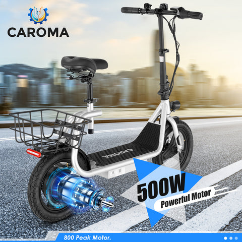 Caroma 500W Electric Scooter with Seat for Adult, 300lbs Max Load, 48V Battery 14 inch Commuter ride ons with Basket - up to 25 Miles 20MPH