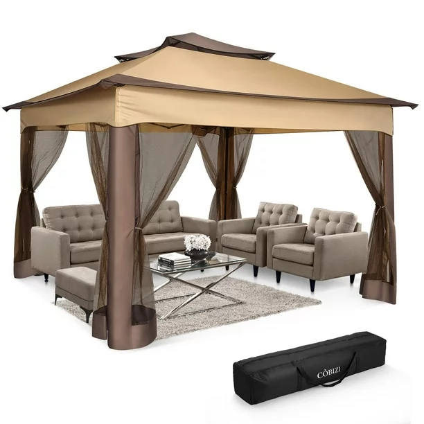 COBIZI Outdoor Canopy Gazebo 11x11 Pop Up Gazebo Patio Gazebo with Mosquito Netting Outdoor Canopy Shelter with 121 Square Feet of Shade for Outdoor Lawn, Garden, Party, Backyard and Deck, Brown