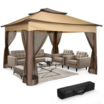 COBIZI Outdoor Canopy Gazebo 11x11 Pop Up Gazebo Patio Gazebo with Mosquito Netting Outdoor Canopy Shelter with 121 Square Feet of Shade for Outdoor Lawn, Garden, Party, Backyard and Deck, Brown
