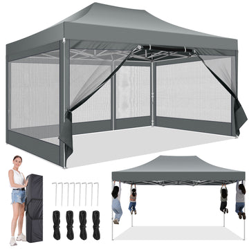 COBIZI 10x15 Heavy Duty Pop Up Canopy Tent with Mosquito Netting-Waterproof UPF 50+ Gazebo with Mesh Sidewalls for Party,Backyard&Camping,Dark Green