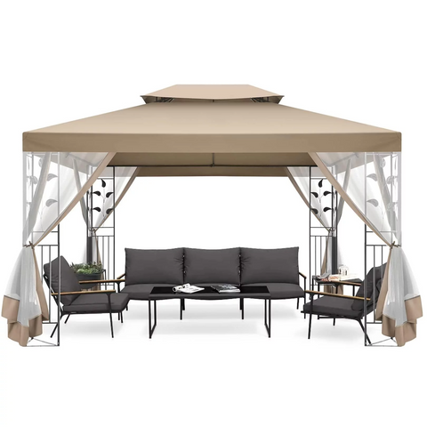 COBIZI 10' x 13' Pop Up Gazebo, Outdoor Steel Double Roof Canopy, Metal Frame Pavilion with Mosquito Netting, Sunshade for Backyard, Garden, Patio and Lawns, Khaki