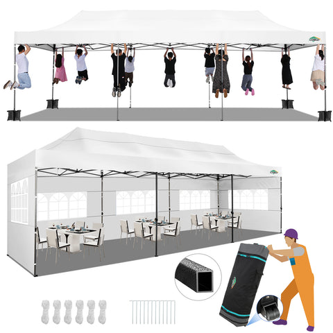 COBIZI 10'x30' Pop-Up-Überdachung, Partyzelt, Outdoor-Event-Sofortpavillon, wasserdichtes, kommerzielles, robustes Vordach für Veranstaltungen mit 8 Seitenwänden und 4 Sandsäcken, Tragetasche mit Rollen, Blau 