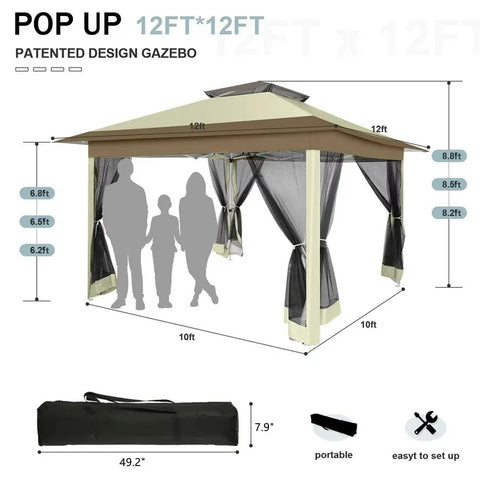 COBIZI 12'x12' Pop-up Gazebo Patio Gazebo Outdoor Gazebo Canopy with Mosquito Netting Patio Tent