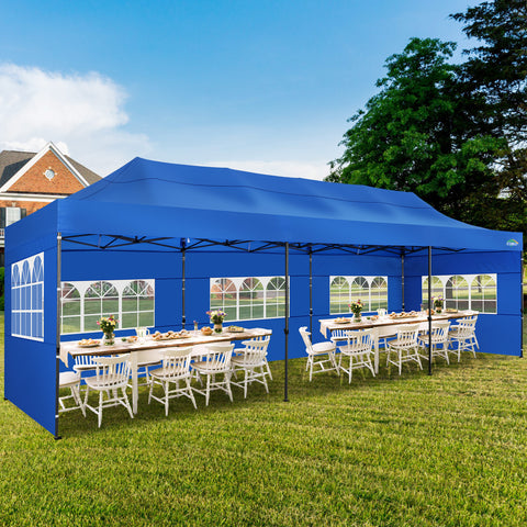 COBIZI 10'x30' Pop-Up-Überdachung, Partyzelt, Outdoor-Event-Sofortpavillon, wasserdichtes, kommerzielles, robustes Vordach für Veranstaltungen mit 8 Seitenwänden und 4 Sandsäcken, Tragetasche mit Rollen, Blau 