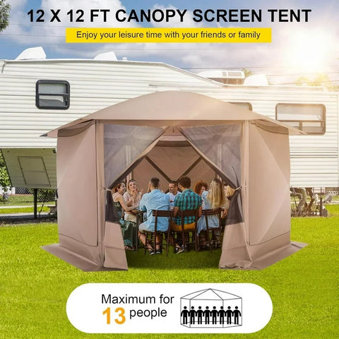 COBIZI 12x12 Pop-up Gazebo Starry Sky Screen Canopy Tent Screen House with 5 Sidewalls and Mosquito Nettings for Camping, Hub Tent Instant Screened Canopy with Carrying Bag and Ground Stakes, Khaki