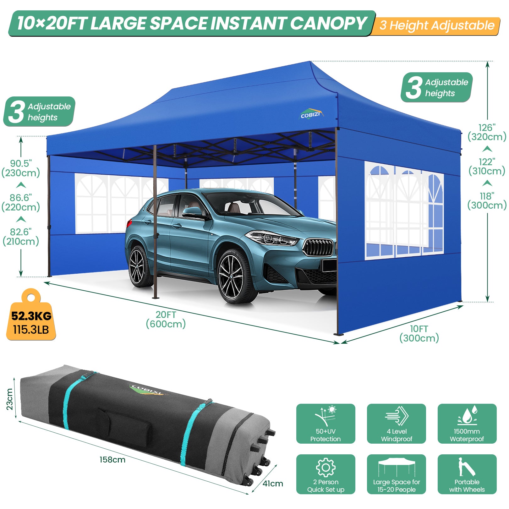 COBIZI 10x20 Pop Up Canopy Tent Heavy Duty with 6 Removable Sidewalls,Commercial Heavy Duty Pop Up Tent for Parties All Weather Waterproof and UV 50+ Wedding Tent with Roller Bag(Blue)