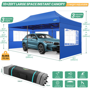 COBIZI 10x20 Pop Up Canopy Tent Heavy Duty with 6 Removable Sidewalls,Commercial Heavy Duty Pop Up Tent for Parties All Weather Waterproof and UV 50+ Wedding Tent with Roller Bag(Blue)