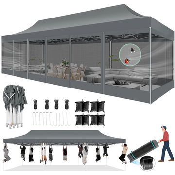 COBIZI 10x30 Heavy Duty Pop up Canopy with Mosquito Net,Instant Outdoor Shelter Large Canopy Tent for Outside,Gazebo with Mesh Sidewalls for Party,Backyard,Camping,Gray