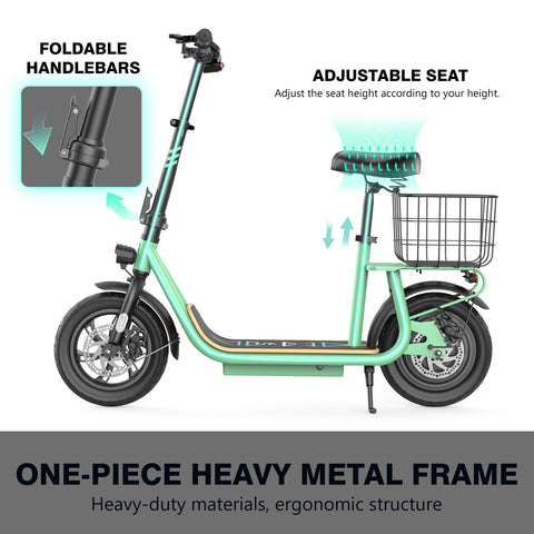 Electric Scooters with Seat for Adults, 350W(Peak 560W) Motor, 12 Miles Long Range, 20 MPH Top Speed, Foldable E Bike for Commuting with Basket,Yellow