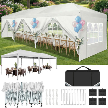 COBIZI 10x30 Pop Up Canopy Party Tent 10x30 Canopy Tent with 8 Sidewalls,Waterproof UPF 50+ 0utdoor Wedding Event Tents for Parties Backyard Canopy Gazebo with 4 Sand Bags&Carry Bags,White
