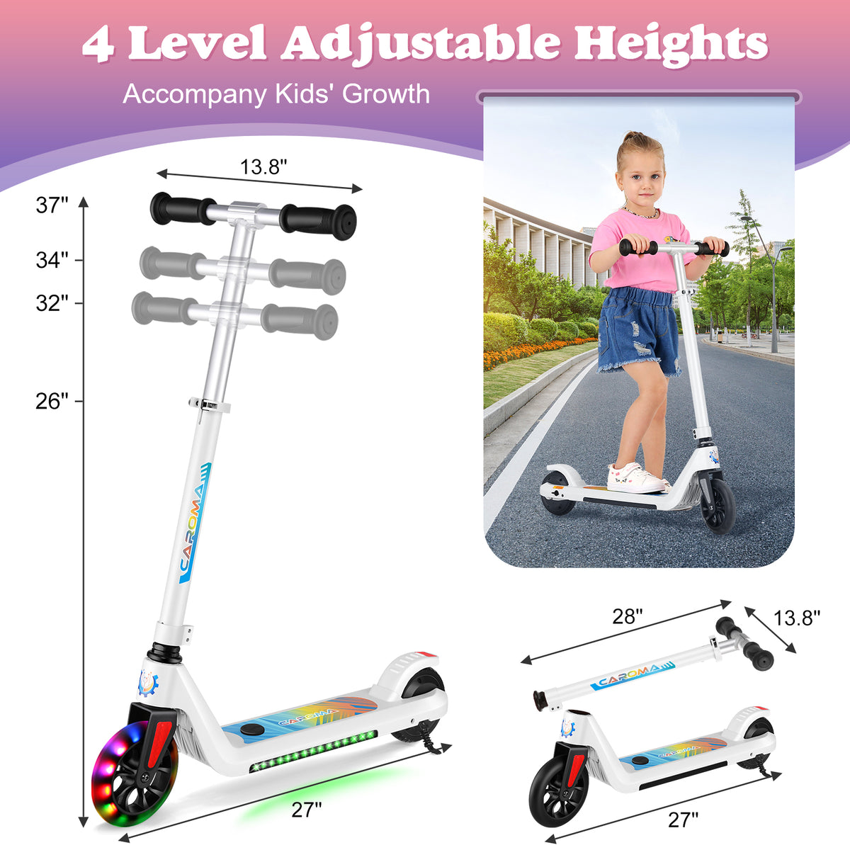 Caroma Electric Scooter , 120W Motor, 10 mph, 80 mins Ride Time, Adjustable Speed & Height, Colorful Lights, LED Display,Ideal Gifts for Kids Ages 6-14