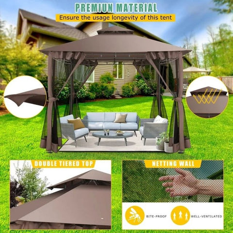 COBIZI Outdoor Gazebo,10x10 Patio Canopy with Mosquito Netting,Shade Tent for Party, Backyard, Deck, Patio Lawn & Garden,Complete Gazebo Canopy with Steel Frame Double Roof Tops,Brown