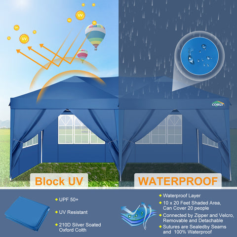 COBIZI 10x20 EZ-UP Canopy Tent Waterproof Canopy,Protable Instant Shelter Gazebo with 6 Removable Sidewalls and Carry Bag,Blue