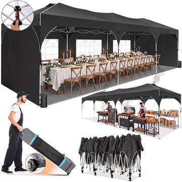 COBIZI 10x30 Pop Up Canopy Tent with Sidewalls, Easy Setup Party Gazebo with Air Vents, UPF 50+ Waterproof Outdoor Sun Shelter for Events, Commercial Markets, Parties, Black