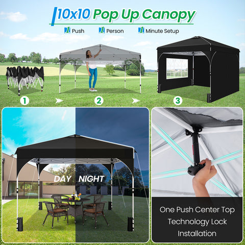 COBIZI Canopy Tent 10x10 Pop up Canopy Outdoor Shade with Sidewalls 1-Person Setup Beach Tent UPF 50+ Waterproof Canopy for Outside Sun Shelter Party Event Commercial with Air Vent Sandbags,Black