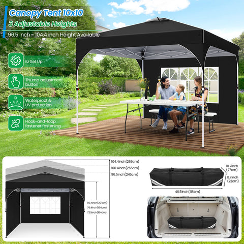 COBIZI Canopy Tent 10x10 Pop up Canopy Outdoor Shade with Sidewalls 1-Person Setup Beach Tent UPF 50+ Waterproof Canopy for Outside Sun Shelter Party Event Commercial with Air Vent Sandbags,Black