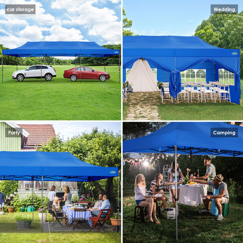 COBIZI 10'x30' Pop-Up-Überdachung, Partyzelt, Outdoor-Event-Sofortpavillon, wasserdichtes, kommerzielles, robustes Vordach für Veranstaltungen mit 8 Seitenwänden und 4 Sandsäcken, Tragetasche mit Rollen, Blau 