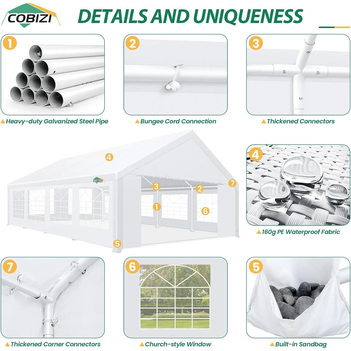 COBIZI 20x30ft Party Tent Heavy Duty, Wedding Tent, Event Tents for Parties, Carpas para Fiestas with Removable Sidewalls, 20x40 Tent with Built-in Sandbag, UV50+, Big Tent for Party, Carport, White