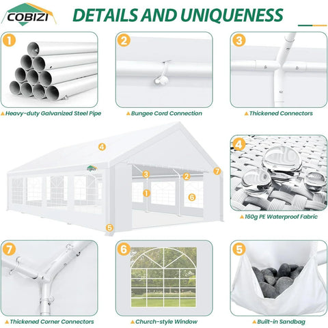COBIZI 20x30ft Party Tent Heavy Duty, Wedding Tent, Event Tents for Parties, Carpas para Fiestas with Removable Sidewalls, 20x40 Tent with Built-in Sandbag, UV50+, Big Tent for Party, Carport, White