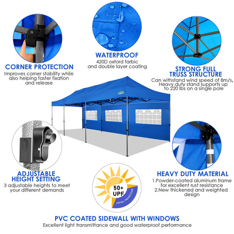 COBIZI 10'x30' Pop up Canopy, Party Tent Outdoor Event Instant Gazebo, Waterproof Commercial Heavy Duty Canopy for Events with 8 Sidewalls and 4 Sandbags, Wheeled Carry Bag, Blue