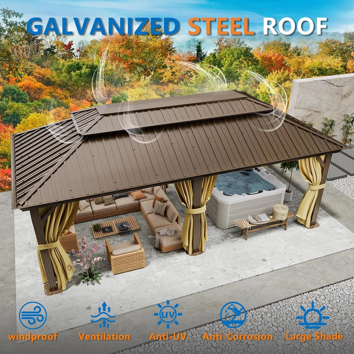 COBIZI 12x20FT Hardtop Gazebo, Metal Gazebo with Aluminum Frame, Permanent Gazebo Double Galvanized Steel Roof, Curtains and Netting Included, Pergolas for Patios, Garden, Deck,Lawns,Dark Brown