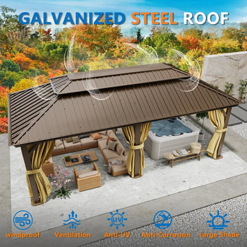 COBIZI 12x20FT Hardtop Gazebo, Metal Gazebo with Aluminum Frame, Permanent Gazebo Double Galvanized Steel Roof, Curtains and Netting Included, Pergolas for Patios, Garden, Deck,Lawns,Dark Brown