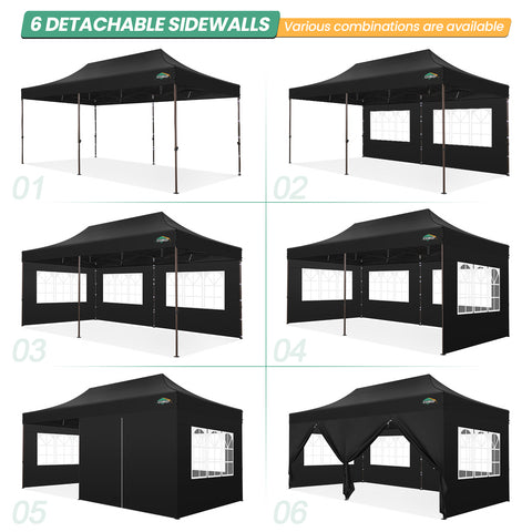 COBIZI 10x20 Pop Up Canopy Tent Heavy Duty with 6 Removable Sidewalls, Commercial Heavy Duty Pop Up Tent for Parties All Weather Waterproof and UV 50+ Wedding Tent with Roller Bag(Black)