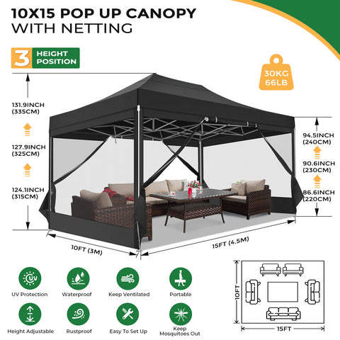 COBIZI Canopy Tent 10x15 Heavy Duty,Pop Up Canopy Gazebo with Netting Screened ,Waterproof Ez up Canopy with Sidewalls,Outdoor Instant Party Tent for Backyard,Wedding, Birthday,BBQ