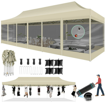 COBIZI 10x30 Heavy Duty Pop up Canopy with Mosquito Net,Instant Outdoor Shelter Large Canopy Tent for Outside,Gazebo with Mesh Sidewalls for Party,Backyard,Camping,Khaki