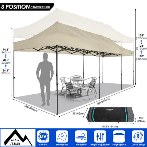 COBIZI 10'x30' Pop-Up-Überdachung, Partyzelt, Outdoor-Event-Sofortpavillon, wasserdichtes, kommerzielles, robustes Vordach für Veranstaltungen mit 8 Seitenwänden und 4 Sandsäcken, Tragetasche mit Rollen, Blau 