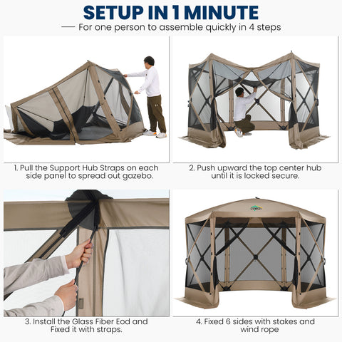 COBIZI 12'x12' Pop-up Gazebo Outdoor Camping Tent with 6 Sides Mosquito Netting, Waterproof, UV Resistant, Portable Screen House Room, Easy Set-up Party Tent with Carry bag, Ground Spike, Blue