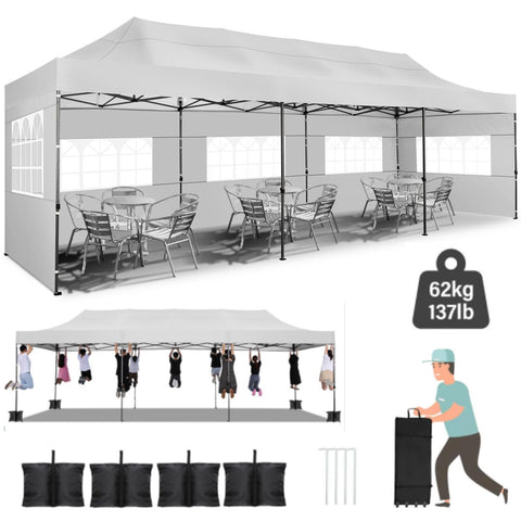 YUEBO 10 x 30 robustes Vordach mit 8 Seitenwänden, Outdoor-Carport mit Rolltasche, Pop-Up-Zelte für Partys, Hochzeiten, Gewerbe, Schwarz