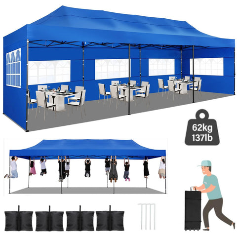 YUEBO 10 x 30 robustes Vordach mit 8 Seitenwänden, Outdoor-Carport mit Rolltasche, Pop-Up-Zelte für Partys, Hochzeiten, Gewerbe, Schwarz