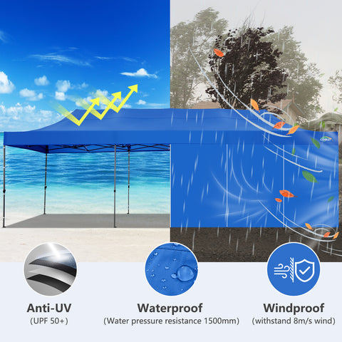 COBIZI 10'x30' Pop-Up-Überdachung, Partyzelt, Outdoor-Event-Sofortpavillon, wasserdichtes, kommerzielles, robustes Vordach für Veranstaltungen mit 8 Seitenwänden und 4 Sandsäcken, Tragetasche mit Rollen, Blau 