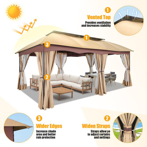 Hoteel 12X20 Heavy Duty Gazebo Outdoor Gazebo with Mosquito Netting and Curtains, Canopy Tent Deck Gazebo with Double-Arc Roof Ventiation and Metal Steel Frame Suitable for Lawn, Backyard, Patio,Khaki